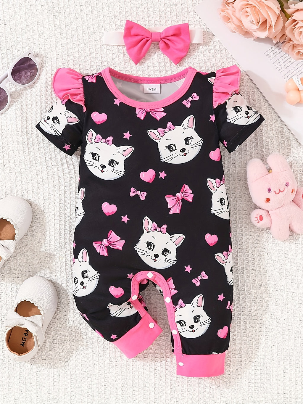 Newborn Baby Girls Cute Cartoon Cat Print Short-sleeved Comfortable Jumpsuit With Bow Headband Baby Summer Clothing