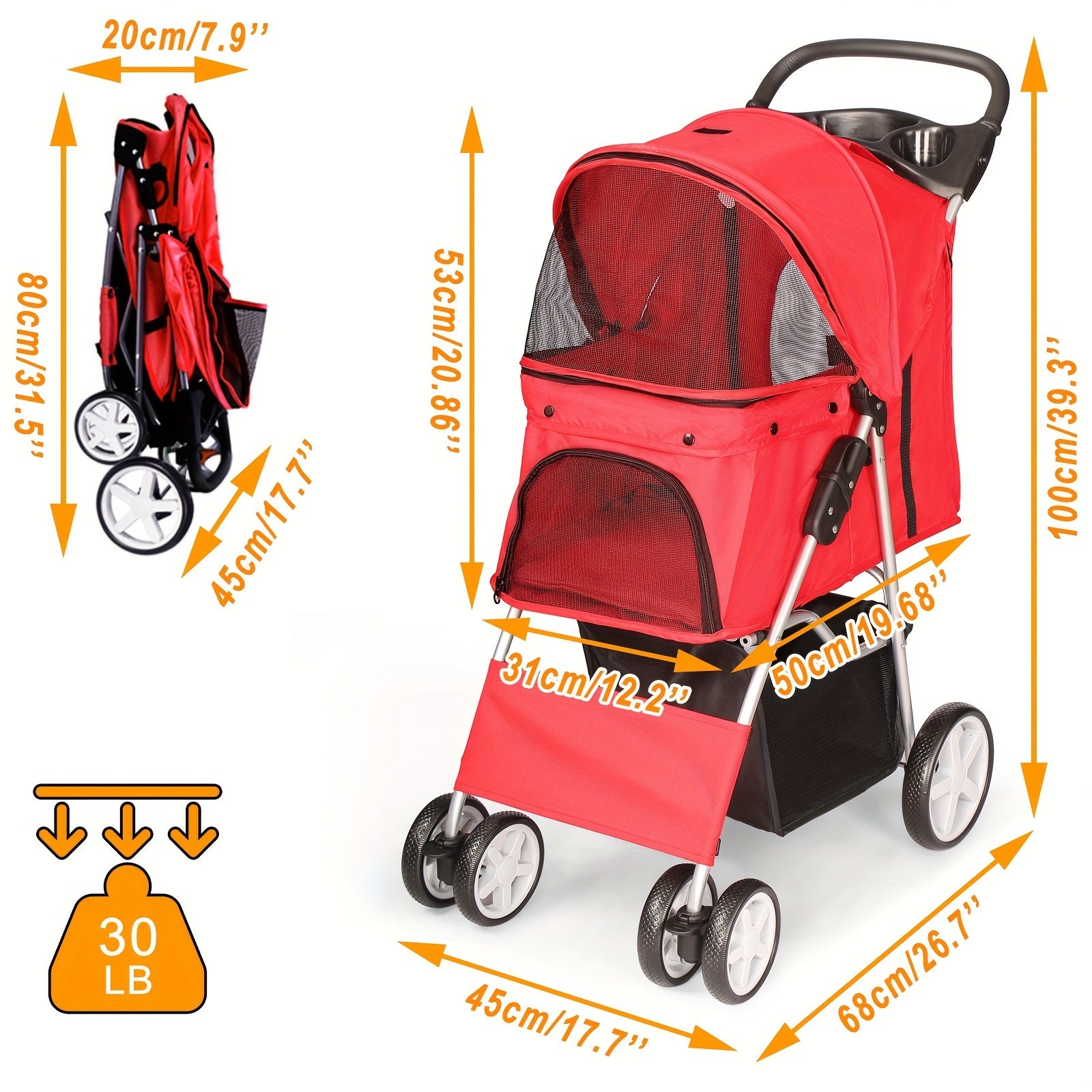 Foldable Pet Stroller SP02, Dual-Hand Collapsible, Oxford Fabric Material, Breathable Mesh Window, Lightweight With Storage Basket, For Dogs And Cats, Red/Pink Options