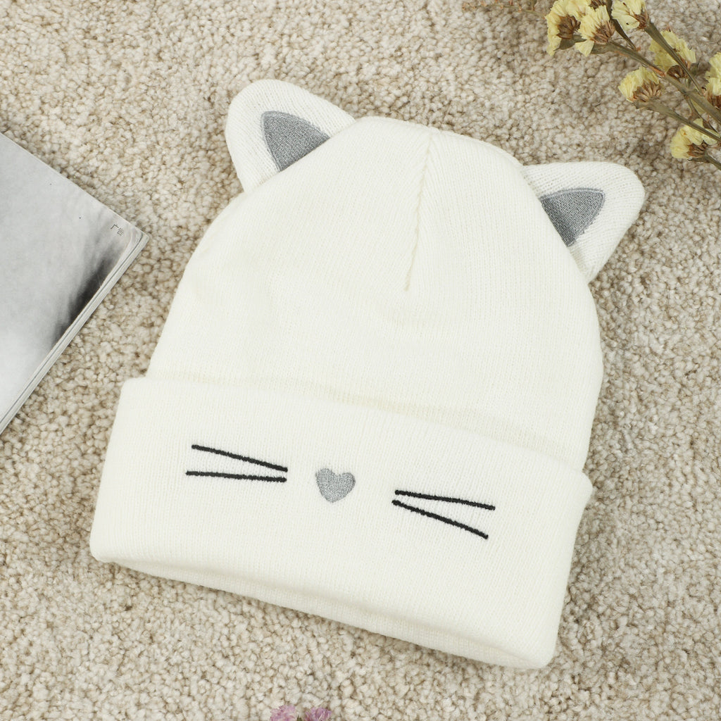Cute Cat Beanie With Ears Trendy Solid Color Elastic Knit Hats Winter Warm Skull Cap Coldproof Beanies For Women