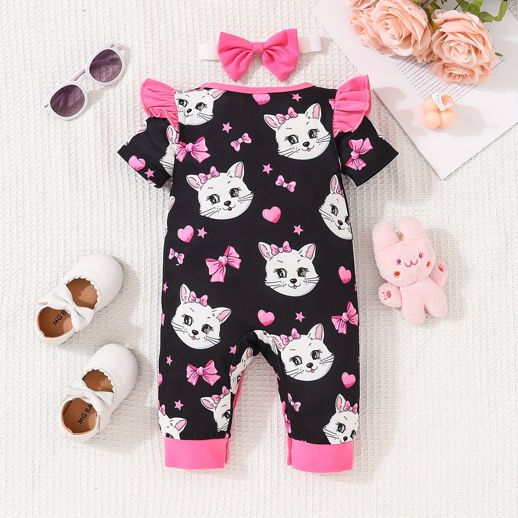 Newborn Baby Girls Cute Cartoon Cat Print Short-sleeved Comfortable Jumpsuit With Bow Headband Baby Summer Clothing