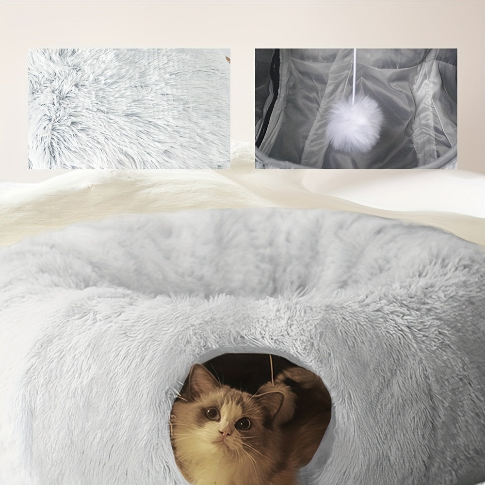 Plush 2in1 Cat Tunnel Bed | Winter Warm Donut-Style Cozy Nest with Enclosed Hideaway, Peekaboo Hole & Hanging Pom Pom Toy, Extra Thick Soft Pet Bed for Anxiety Relief and Deep Sleep, Non Slip Bottom, Perfect for Multi Cat Pla