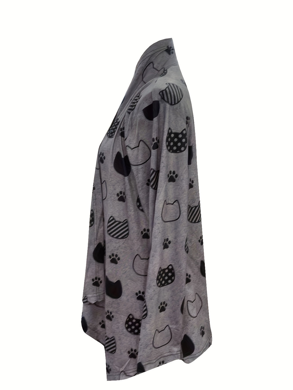 Cute Cat Print Open Front Cardigan, Casual Long Sleeve Outerwear, Women's Clothing