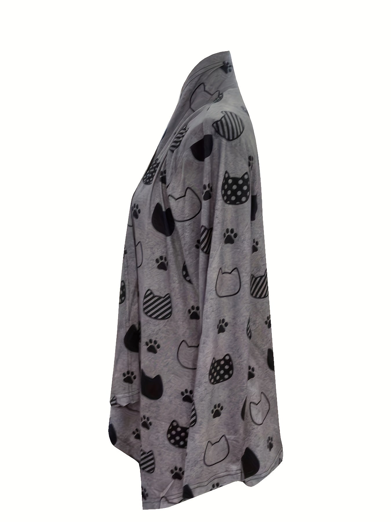 Cute Cat Print Open Front Cardigan, Casual Long Sleeve Outerwear, Women's Clothing