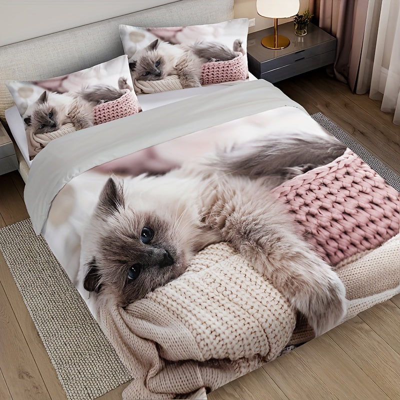 3-Piece Cat Print Bedding Set - 1 Duvet Cover & 2 Pillowcases, Breathable Polyester, Machine Washable, All-Season Comfort