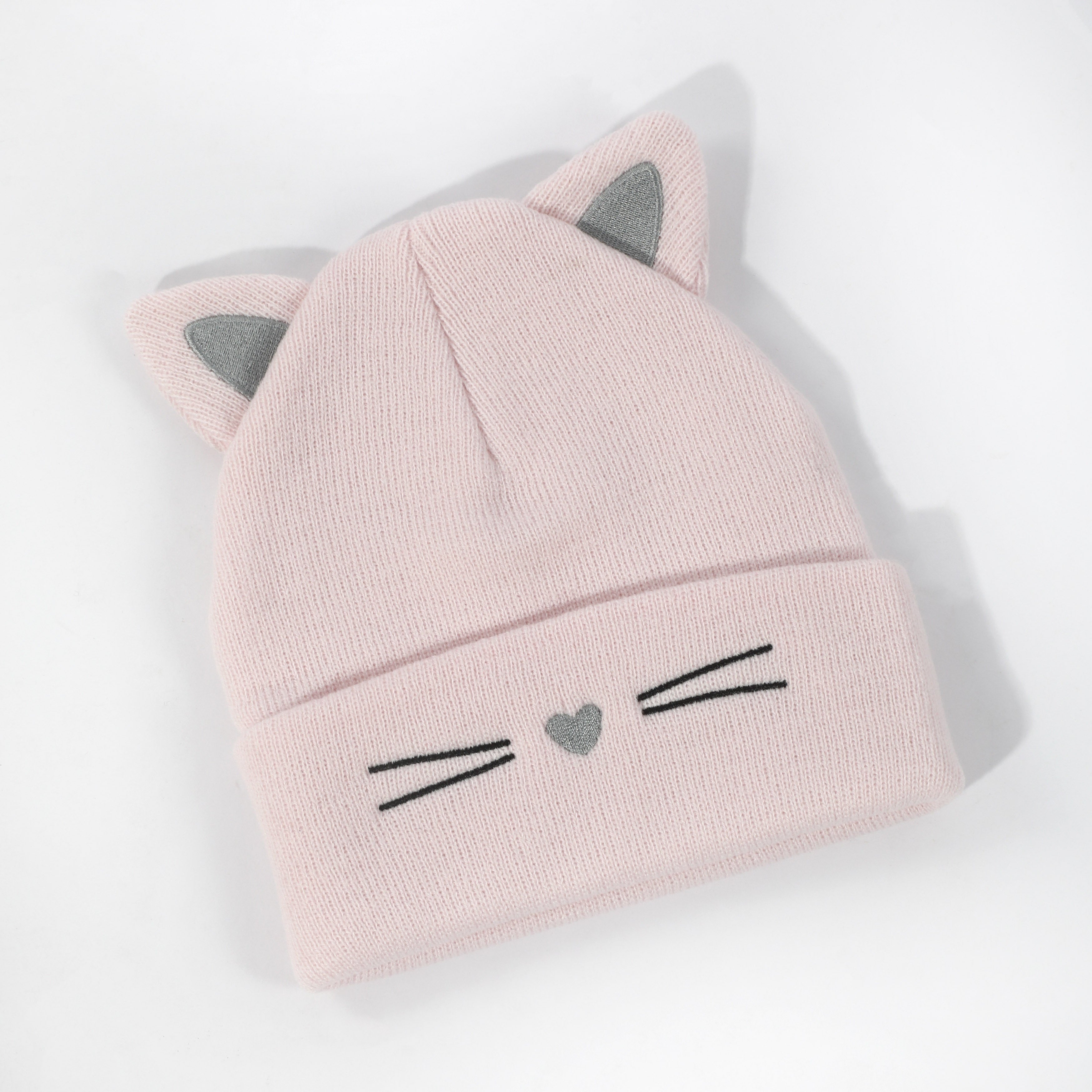 Cute Cat Beanie With Ears Trendy Solid Color Elastic Knit Hats Winter Warm Skull Cap Coldproof Beanies For Women