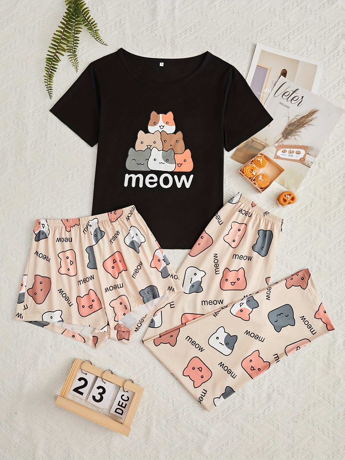 Cartoon Cat & Letter Print Pajama Set, Short Sleeve Crew Neck Top & Shorts & Pants, Women's Sleepwear & Loungewear