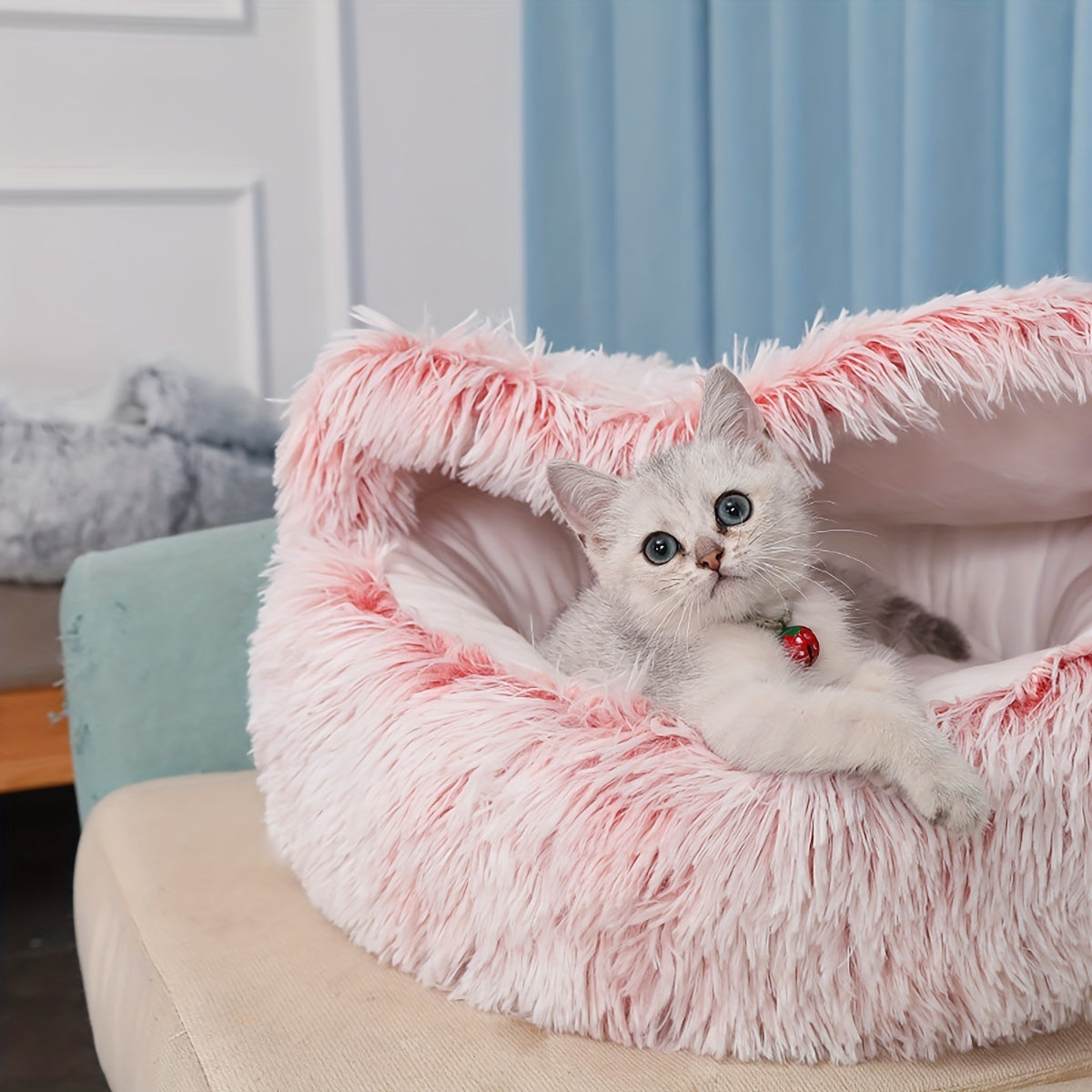 1pc Luxury Round Plush Hooded Pet Bed - Ultra-Soft & Cozy, Calming Anti-Anxiety Nest for Cats & Small Dogs - Perfect Indoor Haven for Restful Sleep