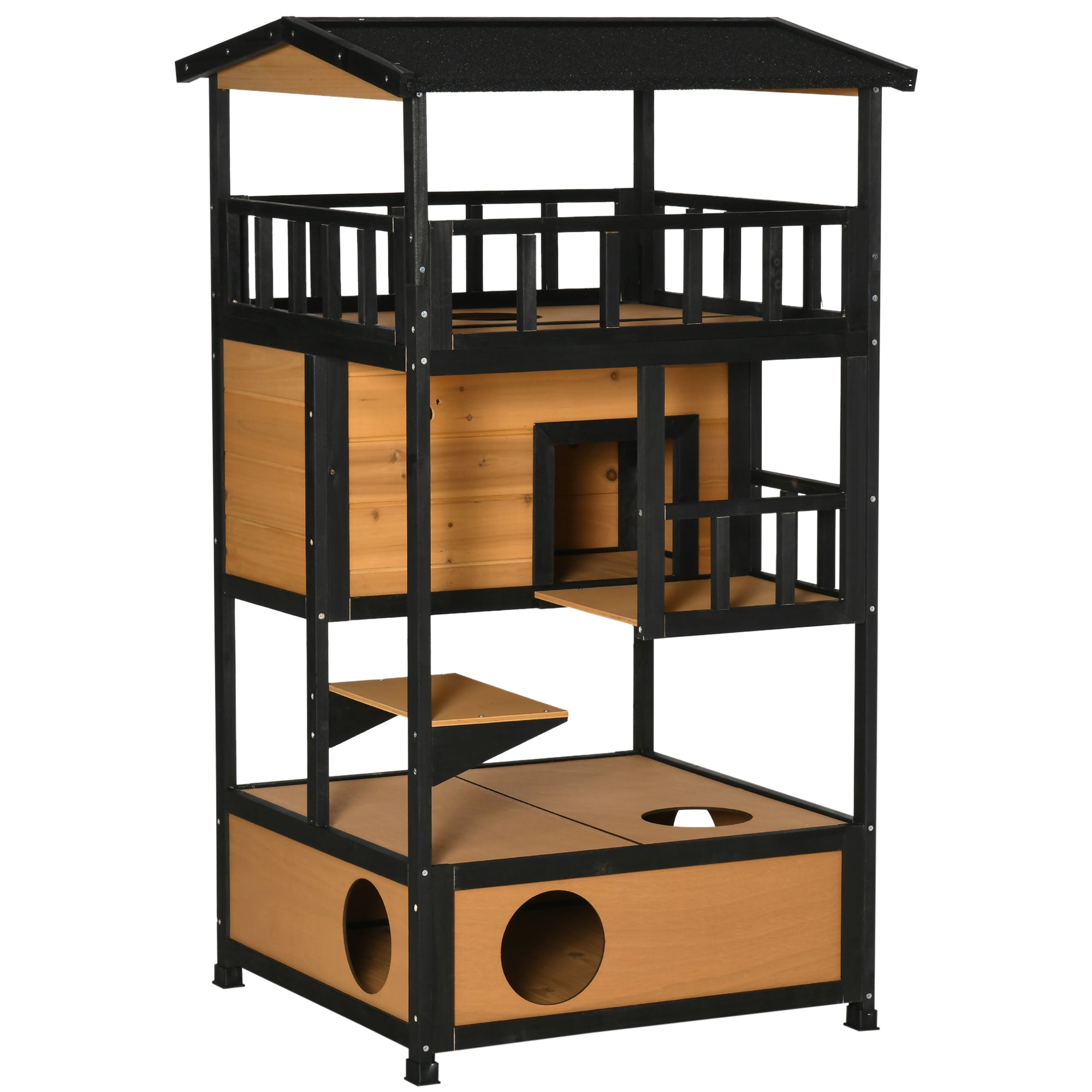 Wooden Outdoor Cat House 3-Tier for Winter Kitten Shelter Lodge w/ Tilted Roof Terrace Jump Step Bottom Tray Elevated Base Waterproof Paint