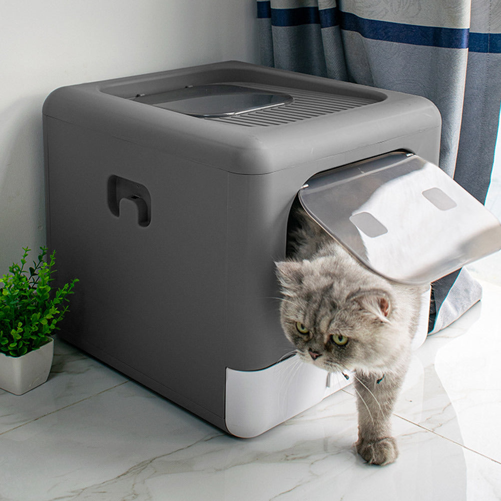 Durable Cat Litter Tray Box, Foldable Top Entry Large Cats Toilet with Lid - Hooded Kitten Litter Tray Easy Cleaning Drawer Design with Scoop | Grey, Anti-odor
