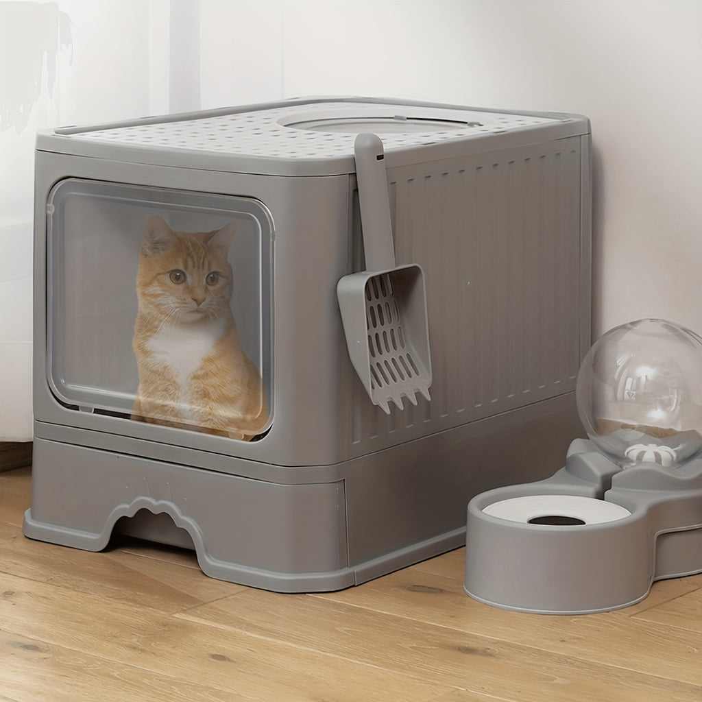 Fully Enclosed Cat Litter Box With Lid, Foldable Anti-Splashing Cat Litter Drawer With Front Flap Door And Toy Entry, Cat Toilet For Indoor Cats