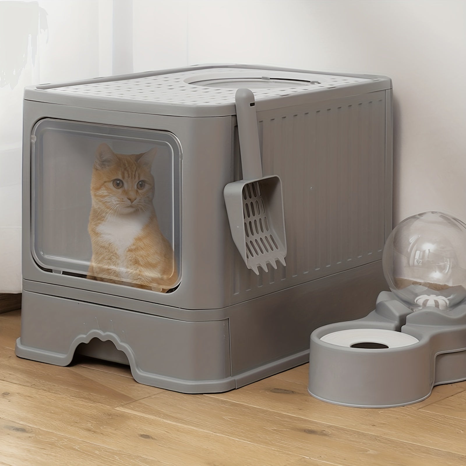 Fully Enclosed Cat Litter Box With Lid, Foldable Anti-Splashing Cat Litter Drawer With Front Flap Door And Toy Entry, Cat Toilet For Indoor Cats
