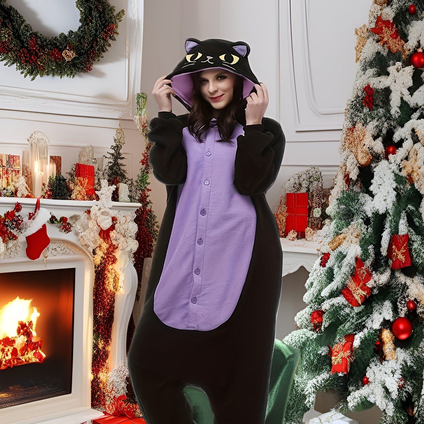 Adult Fleece Christmas Onesie, Long Sleeve Cat Romper with Crew Neck and Button Details, 100% Polyester Knit Fabric, Solid Color Party Costume for Men and Women, Winter Season