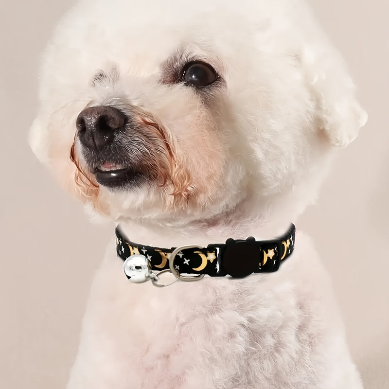 Stylish Adjustable Breakaway Cat Collar with Bell - Polyester Geometric Moon Star Pattern Necklace - Durable, Comfortable, and Safe for Your Feline Friend