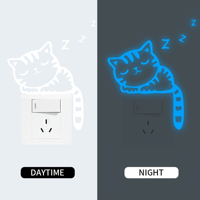 Removable Glow-in-the-Dark Cat Wall Stickers Compatible for Switches & Outlets - Cute Kitten Vinyl Decals with Night Glow, Peel & Stick for Switch Plates in Rooms,, Living Room Decor (No Residue)