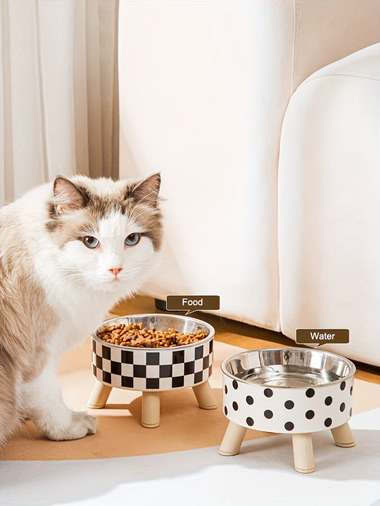 Elevated Whisker Delight Cat Bowl - Vibrant Graphic Pattern, Sturdy Wooden Stand, Easy-to-Clean, Raised Design - Perfect for Indoor Feline Friends, Spacious Feeder Bowl, Convenient Water Basin