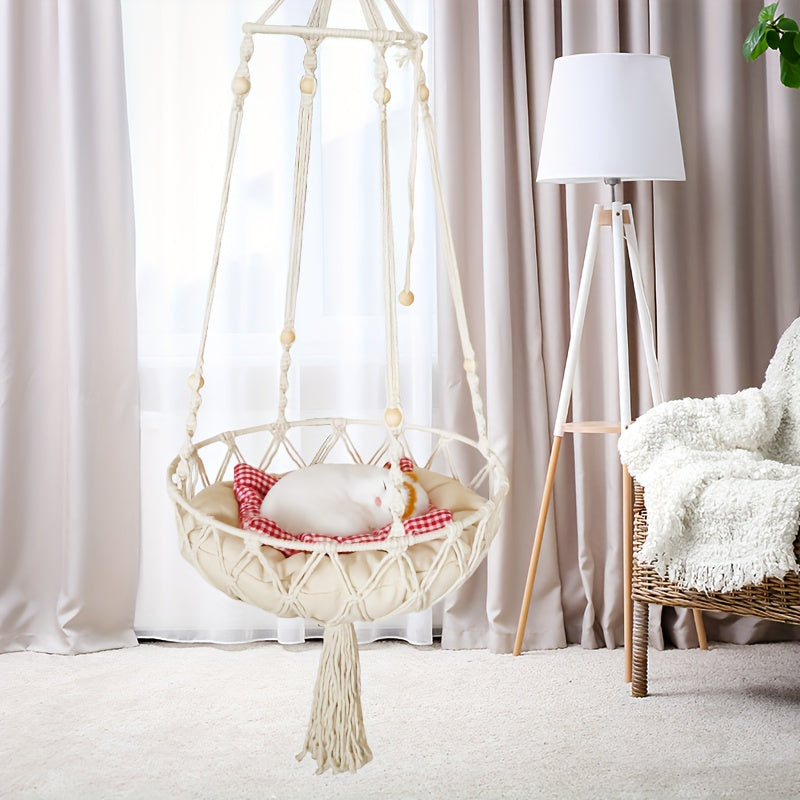 [Elegant Cat Hammock Basket] Handmade Woven Cat Hammock Basket - 1pc Soft All-Season Pet Swing with Checkered Cushion, Light Beige-Friendly Design, Easy Assembly for Indoor/Outdoor Use, Perfect Halloween Gift for Cats & Small