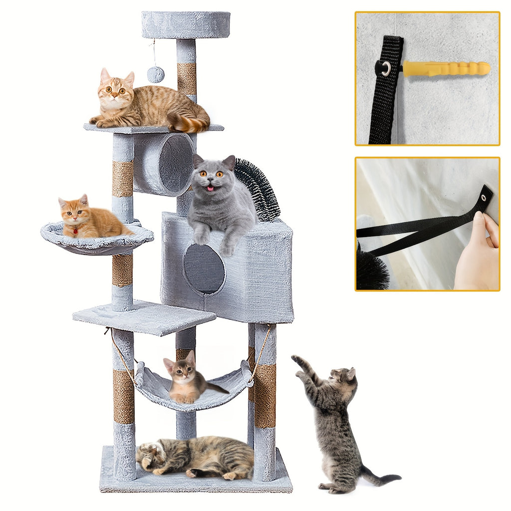 1pc Funtrip 6-Level Cat Tree Tower with Sisal Scratching Posts, Anti-Rewind Tape, and Hanging Toys - Large Wooden Fiber Cat Condo for Indoor Cats, Play & Relaxation Activity Center, Cat Tower for Large Cats