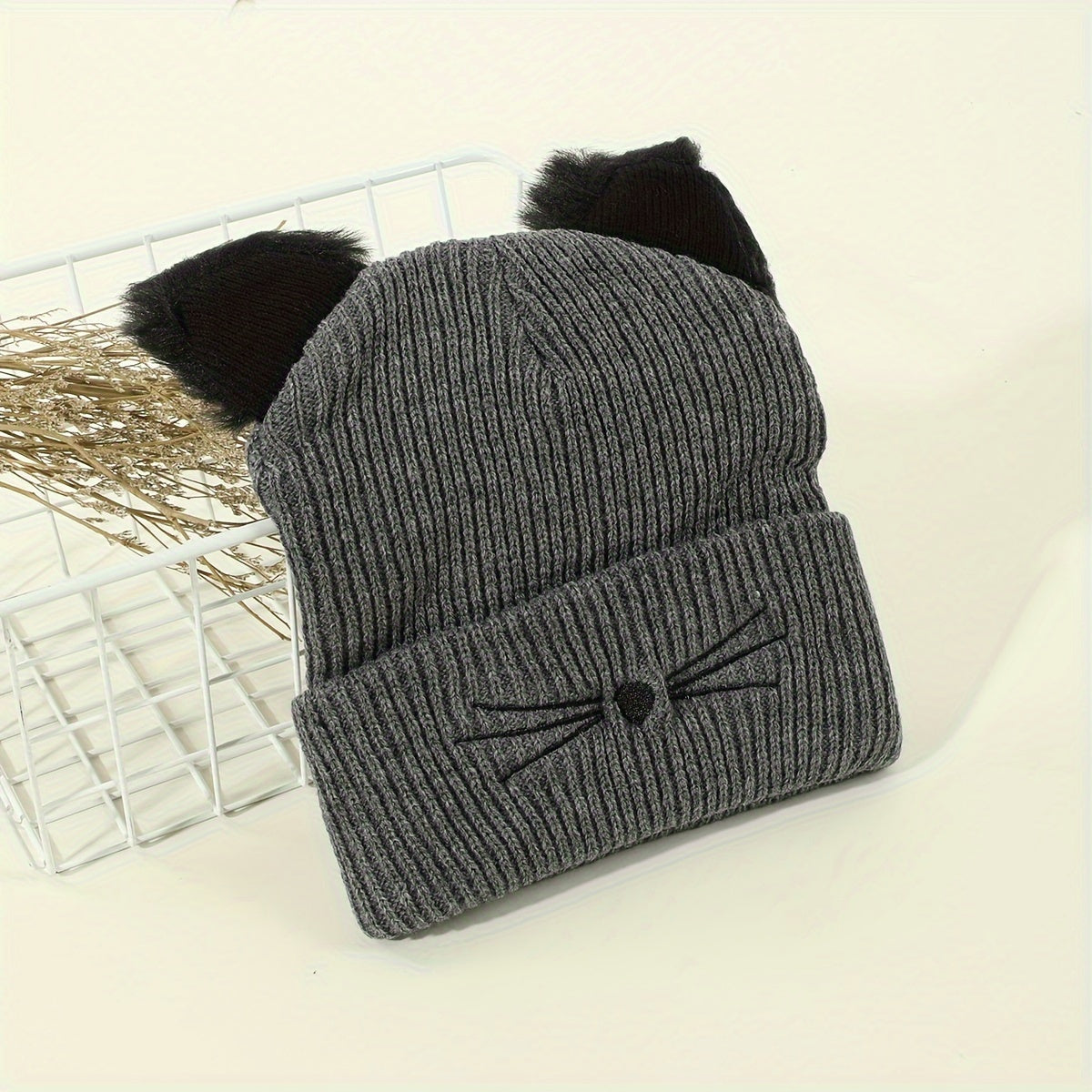 Cute Cat Beanie With Ears Trendy Solid Color Elastic Knit Hats Winter Warm Skull Cap Coldproof Beanies For Women