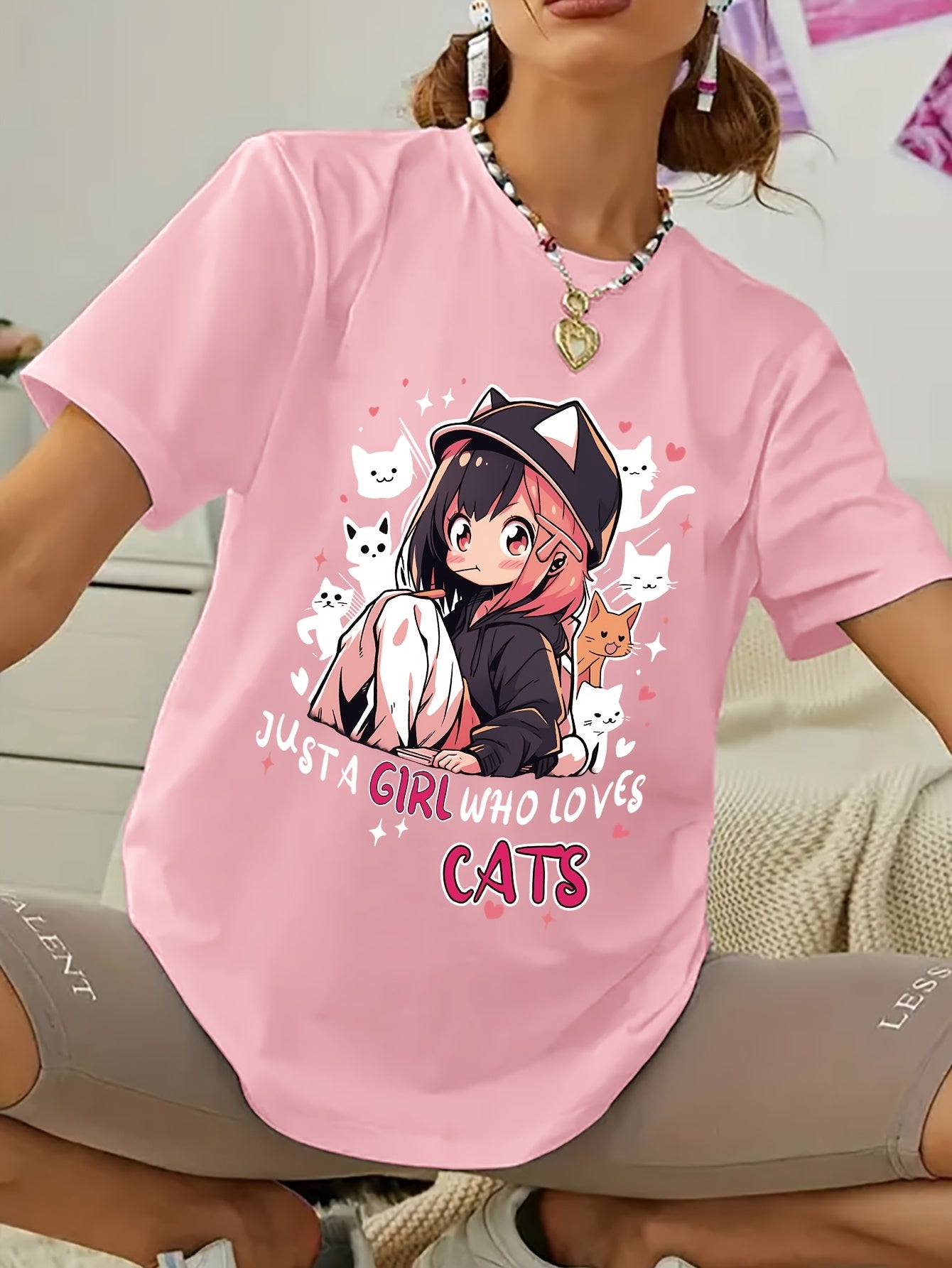 Women'S Anime Cat Lover Graphic T-Shirt - Black with Pink Lettering - Soft Stretchy Fabric Casual Everyday Tee - Cute Japanese Animation Shirt for Women - G7110, Allseason Apparel, Playful Design, Comfortable Fit, Streetwear