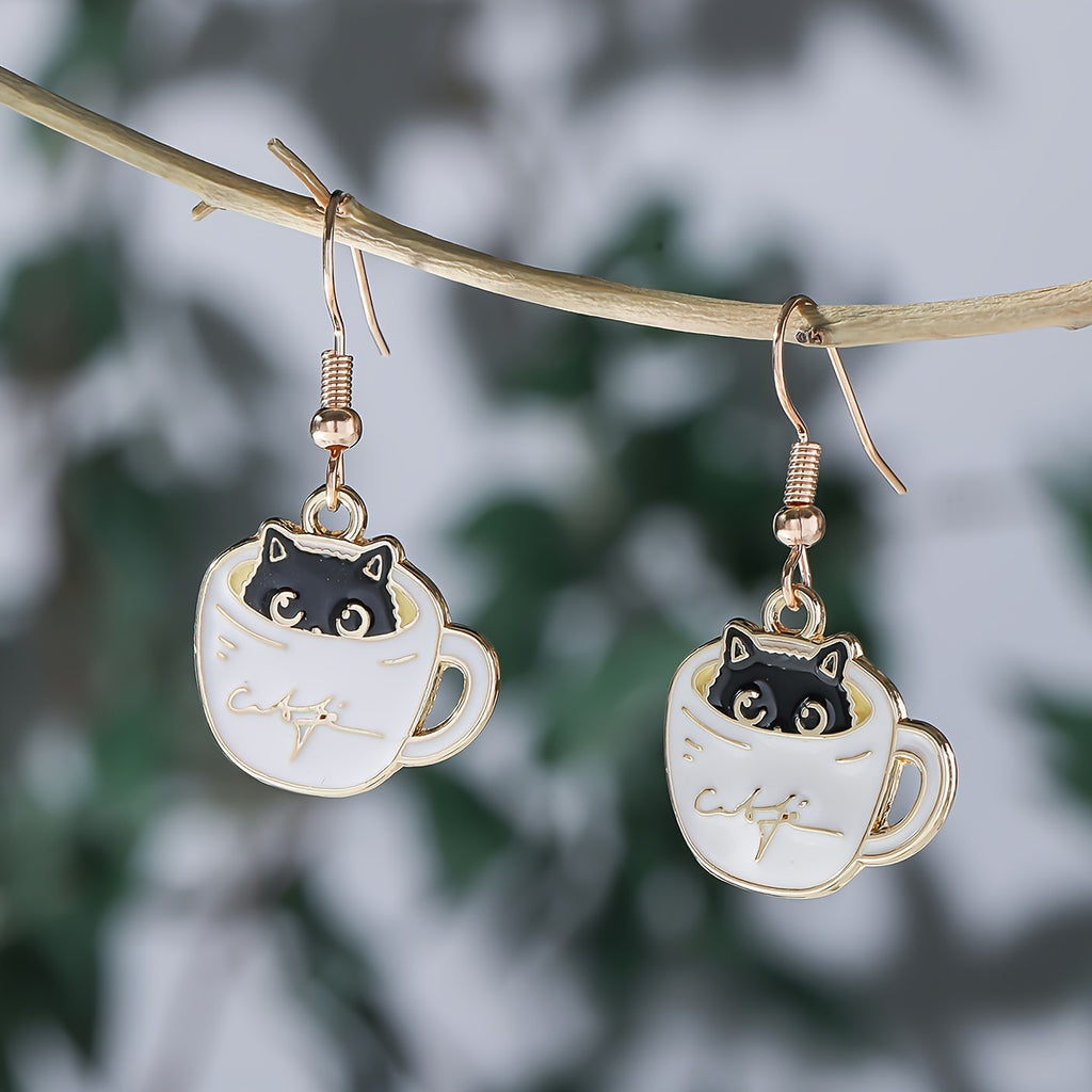 1 Pair Of Cute Drop Earrings Lovely Cup & Kitten Design Match Daily Outfits Party Accessories Casual Dating Decor For Female