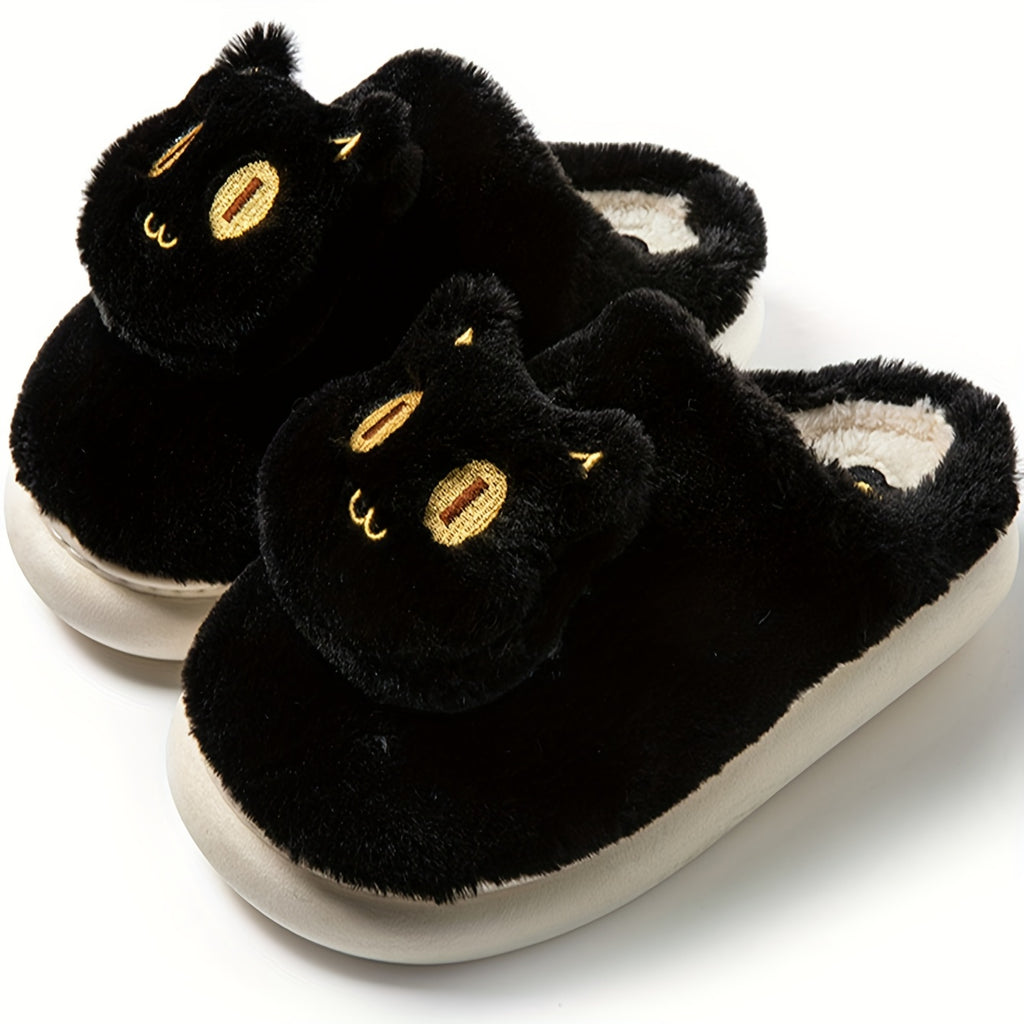 Cute Cartoon Cat Winter Slippers, Closed Toe Super Soft Plush Warm Shoes, Cozy Indoor Novelty Slippers