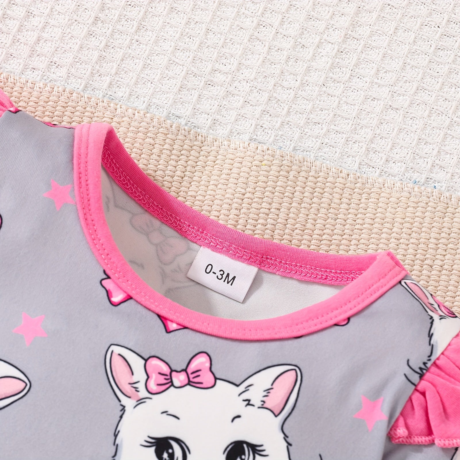 Newborn Baby Girls Cute Cartoon Cat Print Short-sleeved Comfortable Jumpsuit With Bow Headband Baby Summer Clothing