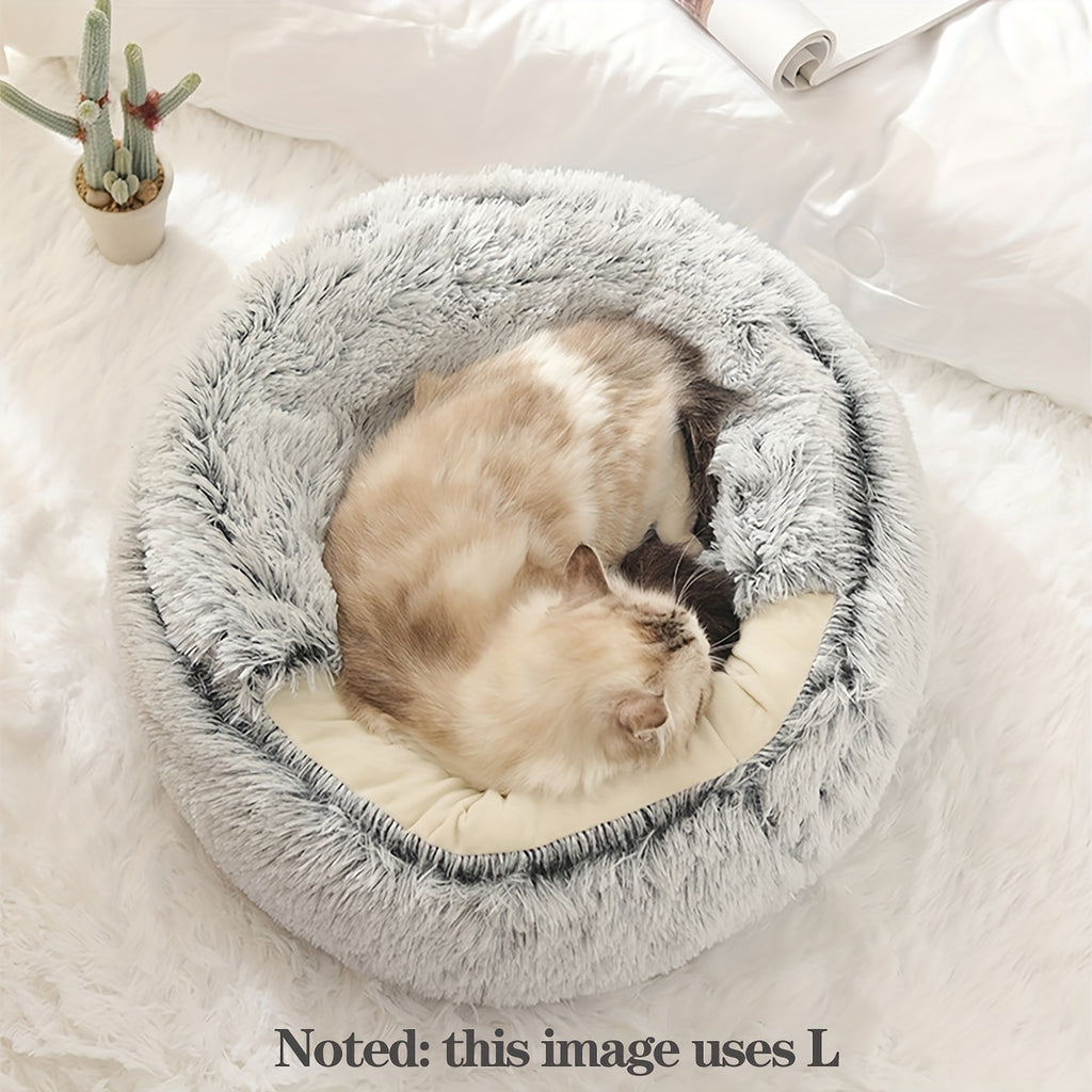1pc Luxury Round Plush Hooded Pet Bed - Ultra-Soft & Cozy, Calming Anti-Anxiety Nest for Cats & Small Dogs - Perfect Indoor Haven for Restful Sleep