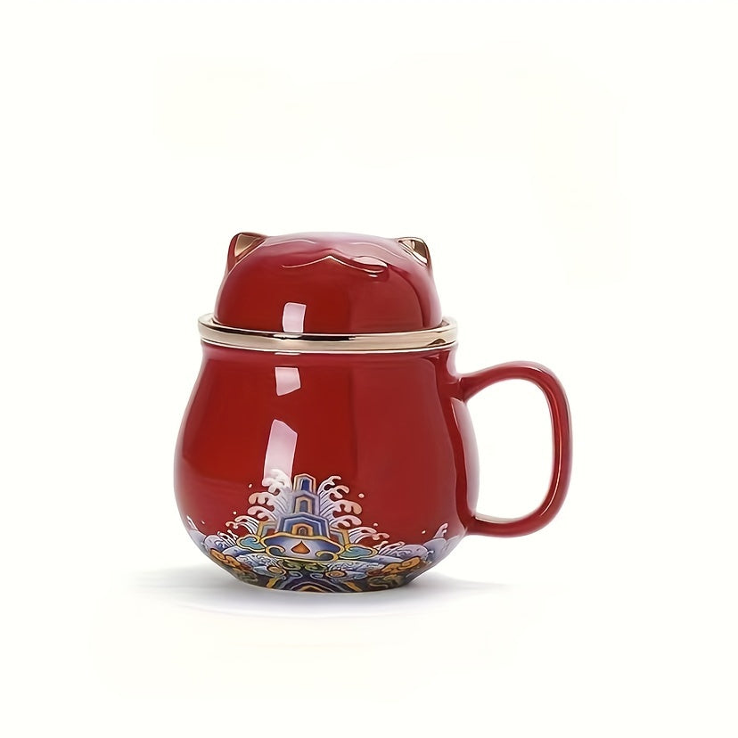 1pc Whimsical Chinese Style Lucky Cat Ceramic Tea Mug - Infused with Tea Infuser and Lid, Perfect for Summer and Winter Drinks, Unique Birthday, Holiday, Christmas, and New Year Gift Idea
