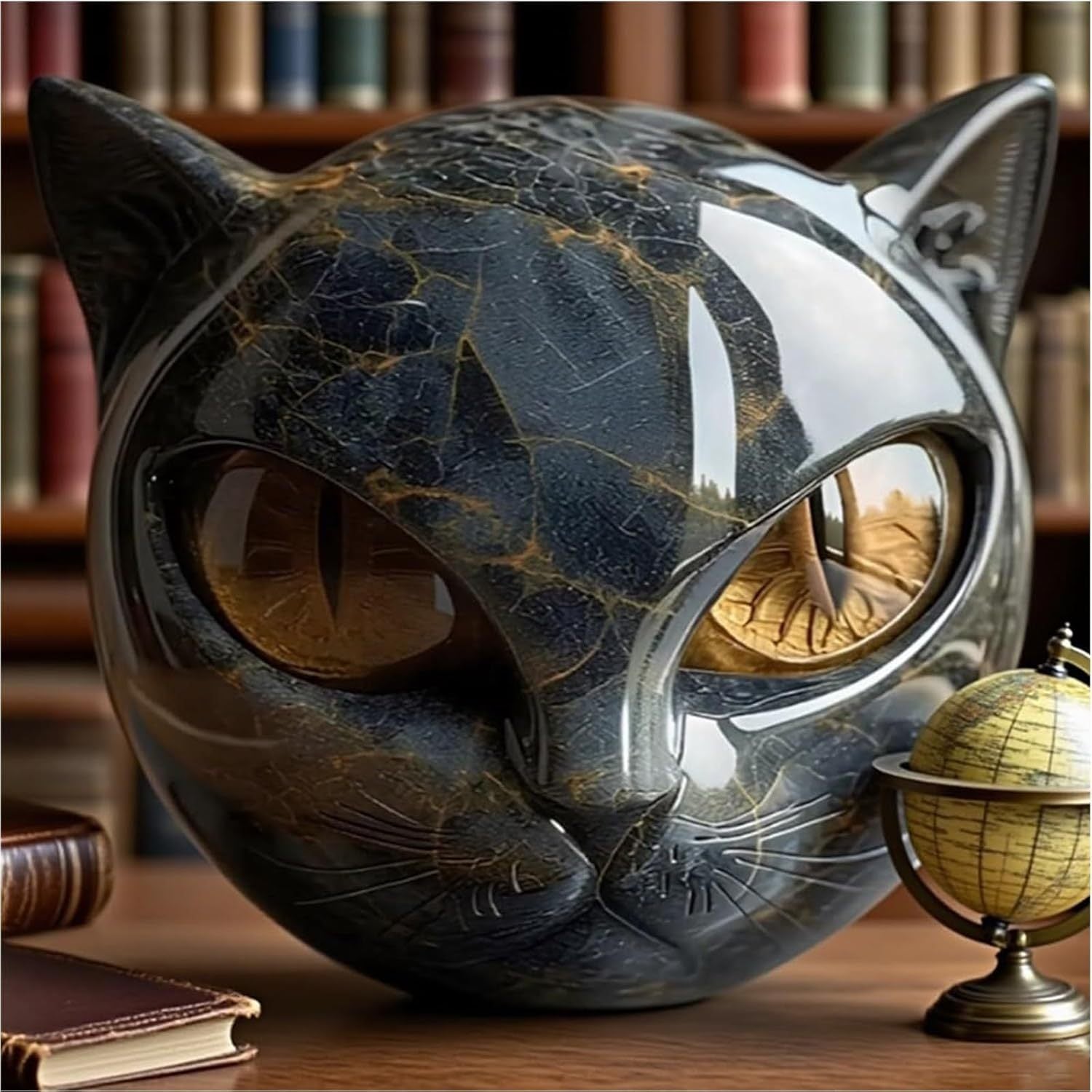 1pc Hand-Carved Resin Black Cat Stone Sculpture - Elegant Marble-Like Texture with Golden Marble Eyes, Intricate Feline Face & Expressive Eyes, Mini Cat Figurine for Home Decor, Gift for Cat Lovers (No Electricity Needed) - D