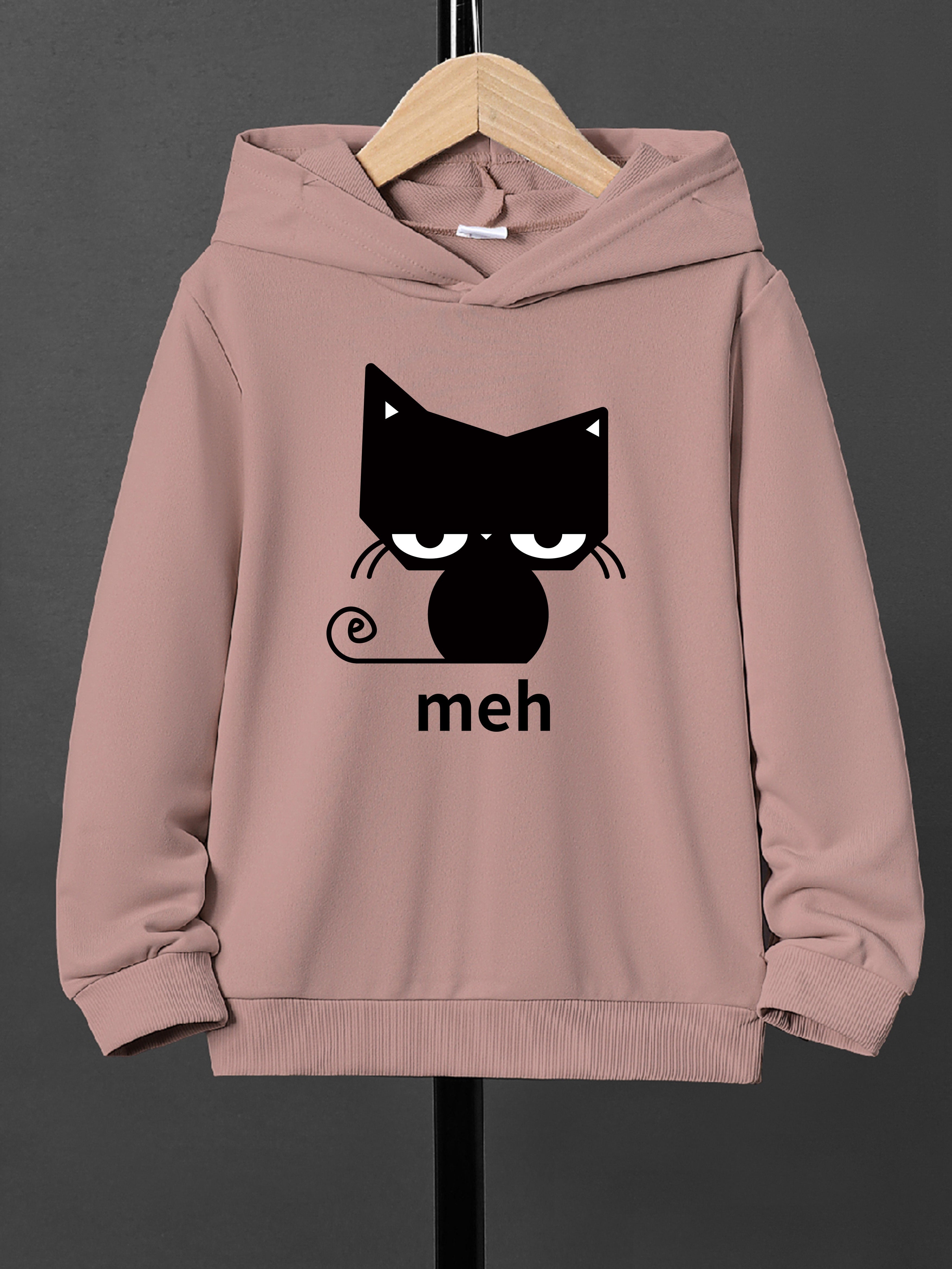 Boys' Casual Cat Print Hoodie - Comfortable Loose-Fit Long Sleeve Pullover for Fall/Winter, Easy Care, Knit Fabric
