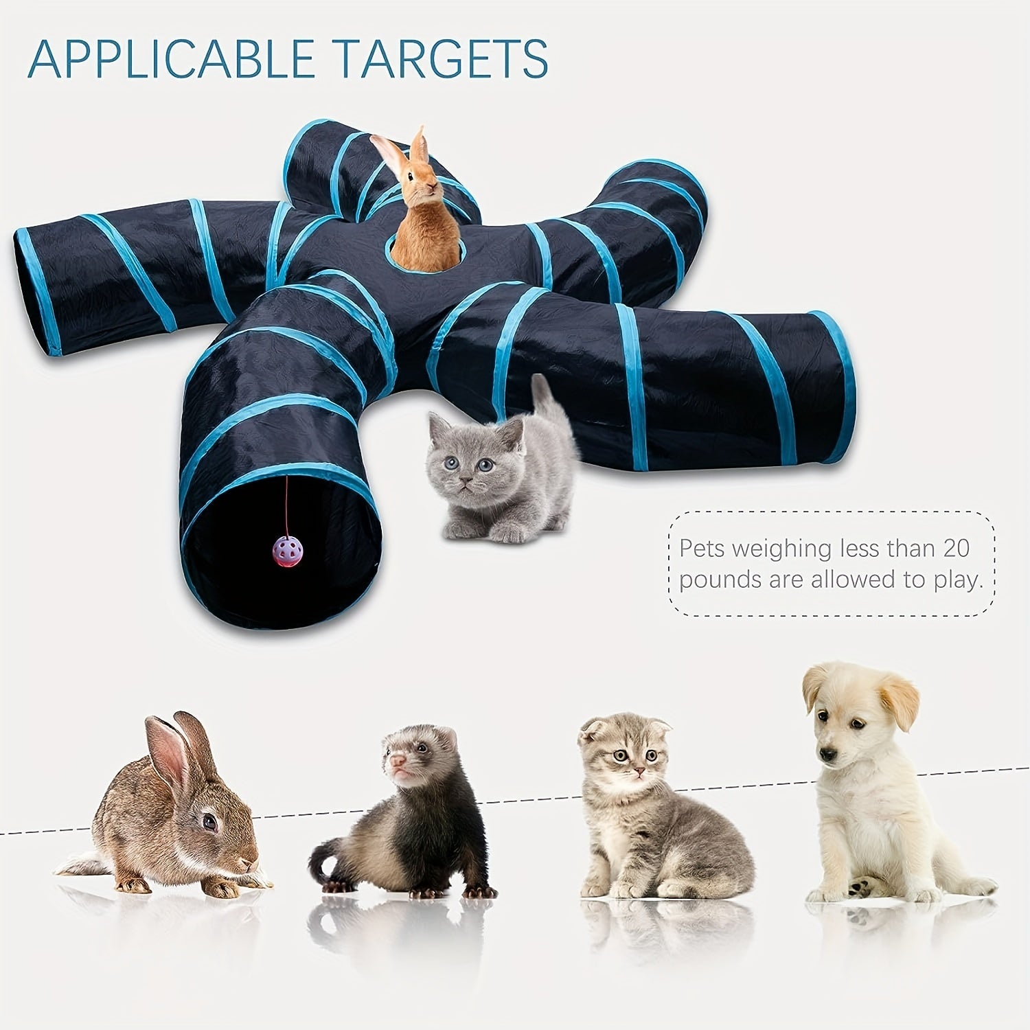 Large Collapsible Cat Tunnel with Play Ball & Interactive Peek Holes - Multi-Level Tunnel System for Indoor Cats, Kittens, Small Dogs - Heavy-Duty Tube with Blue Piping, Portable Hideout for Play & (Easy Assembly