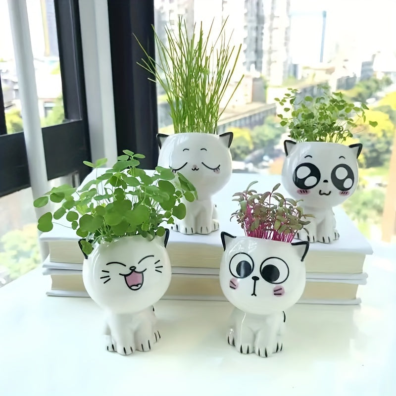 [1pc Cute Cat Flower Pot] 1pc Ceramic Mini Cat Cartoon Cute Flower Pot | Desktop Potted Plant DIY Desk Decoration | Youngsters's School Gift