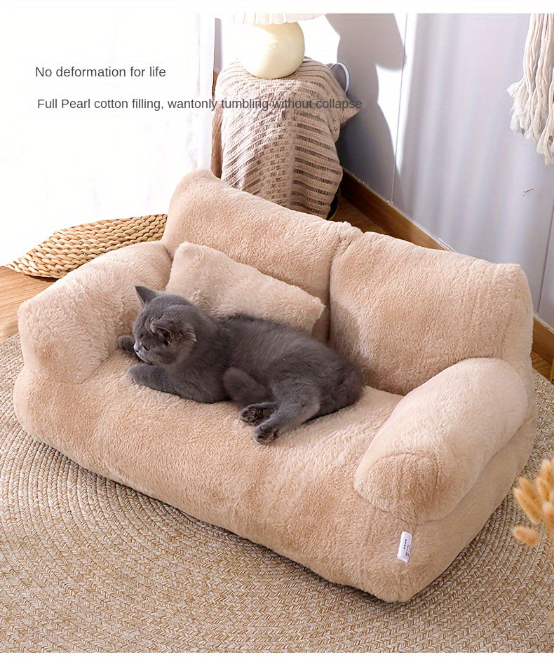 Luxurious Beige Plush Cat Bed - Ultra-Soft, Warm Sofa for Cats with Non-Slip Base & Detachable Cover - Ideal for Snoozing & Relaxing, Easy to Clean, Polyester Fill - Perfect Pet Lounger for Kittens & Cats, Kitten Bed
