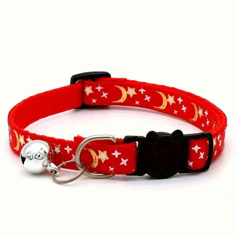Stylish Adjustable Breakaway Cat Collar with Bell - Polyester Geometric Moon Star Pattern Necklace - Durable, Comfortable, and Safe for Your Feline Friend