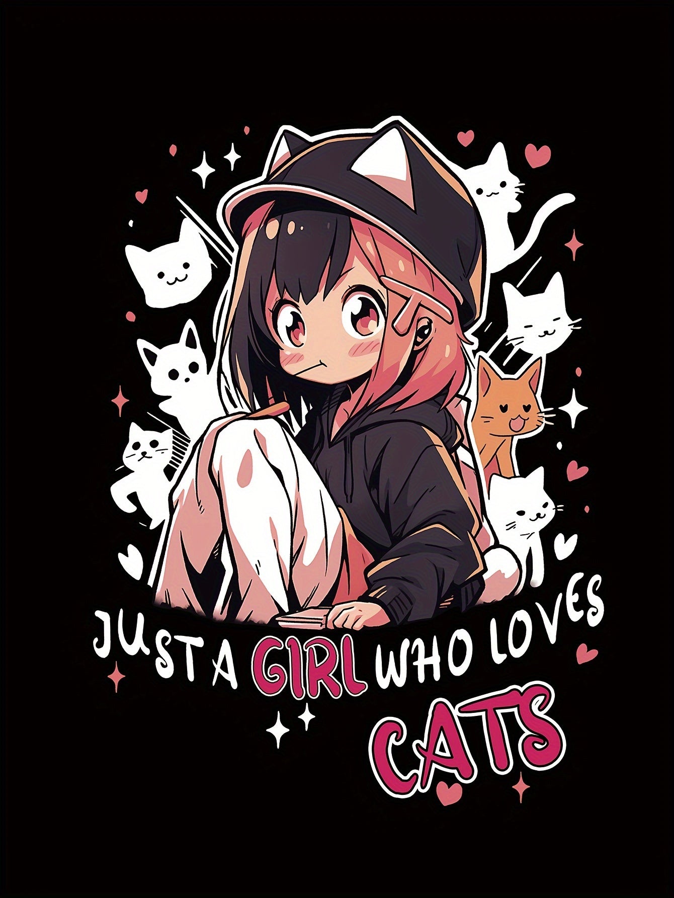 Women'S Anime Cat Lover Graphic T-Shirt - Black with Pink Lettering - Soft Stretchy Fabric Casual Everyday Tee - Cute Japanese Animation Shirt for Women - G7110, Allseason Apparel, Playful Design, Comfortable Fit, Streetwear