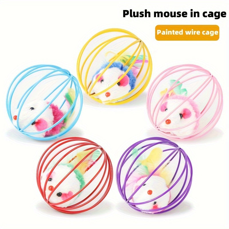 Interactive Pet Cat Ball Cage Toy With Simulated Plush Mouse Inside, Caged Rat Scratch Ball Kitten Gifts - Assorted Color