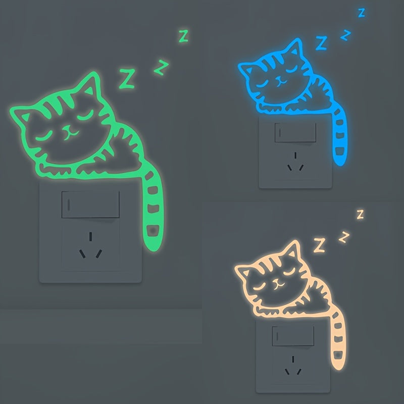 Removable Glow-in-the-Dark Cat Wall Stickers Compatible for Switches & Outlets - Cute Kitten Vinyl Decals with Night Glow, Peel & Stick for Switch Plates in Rooms,, Living Room Decor (No Residue)