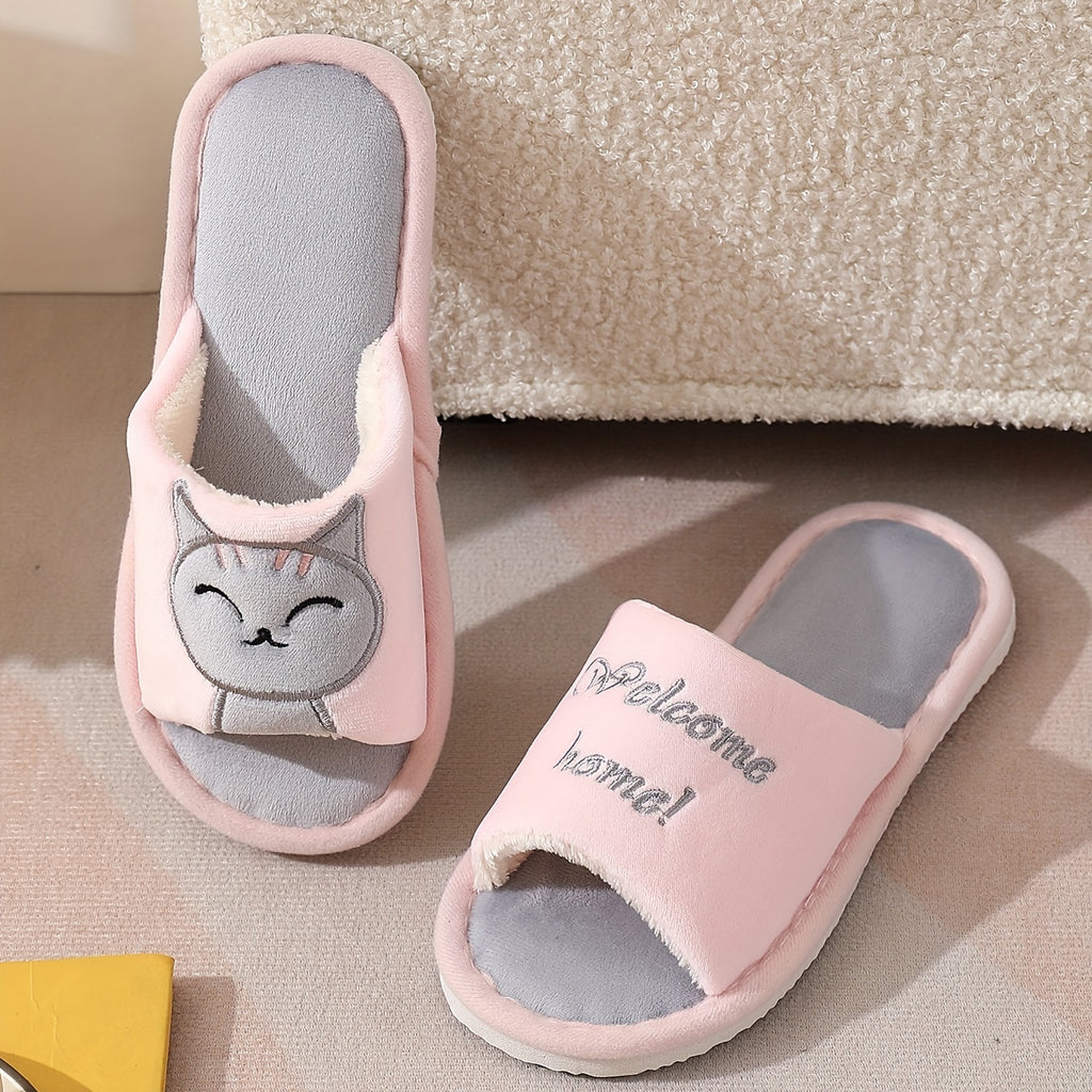 Women's Cute Cat Pattern Slippers, Open Toe Indoor Flat Fuzzy Shoes, Warm & Cozy Bedroom Floor Slippers