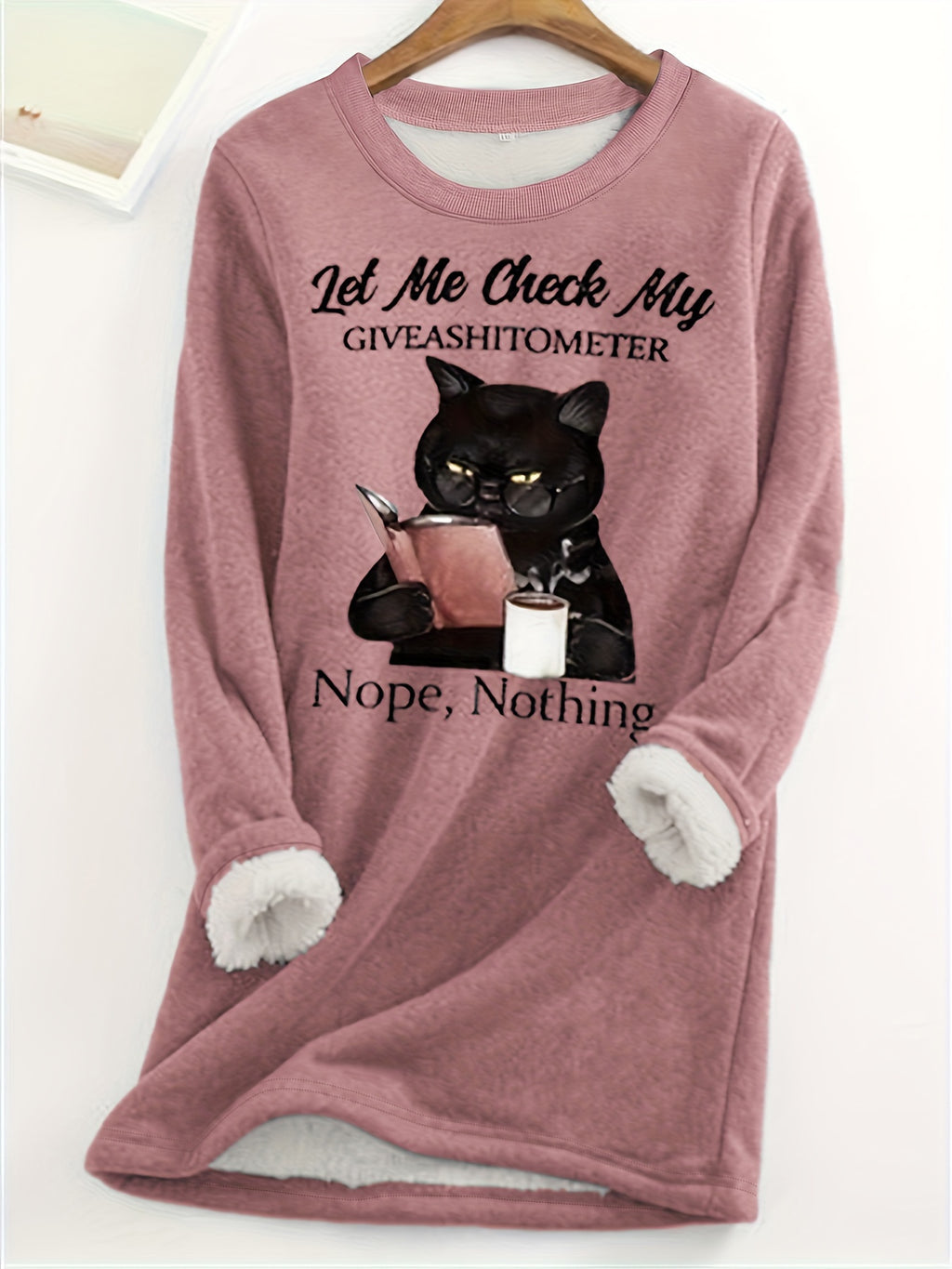 Cozy Plus Size Cat Print Top - Flattering Plush Lined Crew Neck - Stylish Womens Long Sleeve Shirt for Casual Wear
