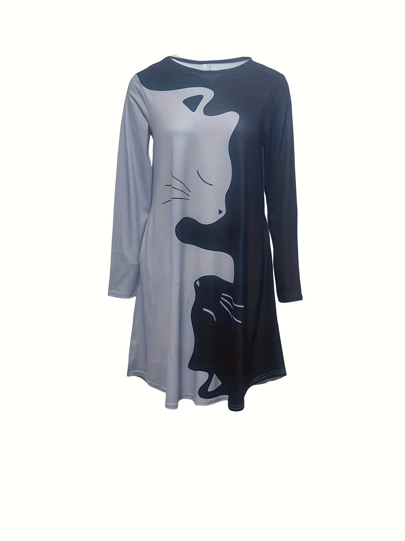 Long Sleeve Cat Print Casual Crew Neck Dress for Women, Spring & Fall Clothing