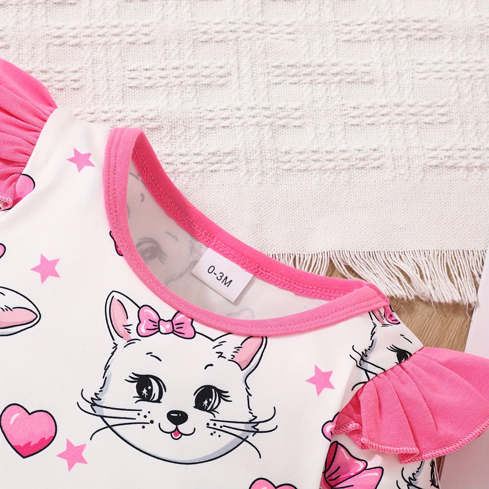 Newborn Baby Girls Cute Cartoon Cat Print Short-sleeved Comfortable Jumpsuit With Bow Headband Baby Summer Clothing