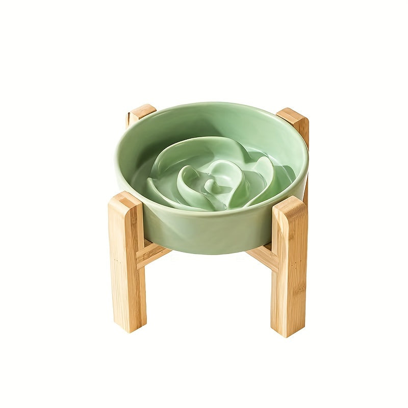 Elevated Cat Bowl, Ceramic Slow Feeder Cat Puzzle Food Bowl Water Bowl With Wooden Stand, Anti-choking Raised Dog Cat Basin To Slow Down Eating