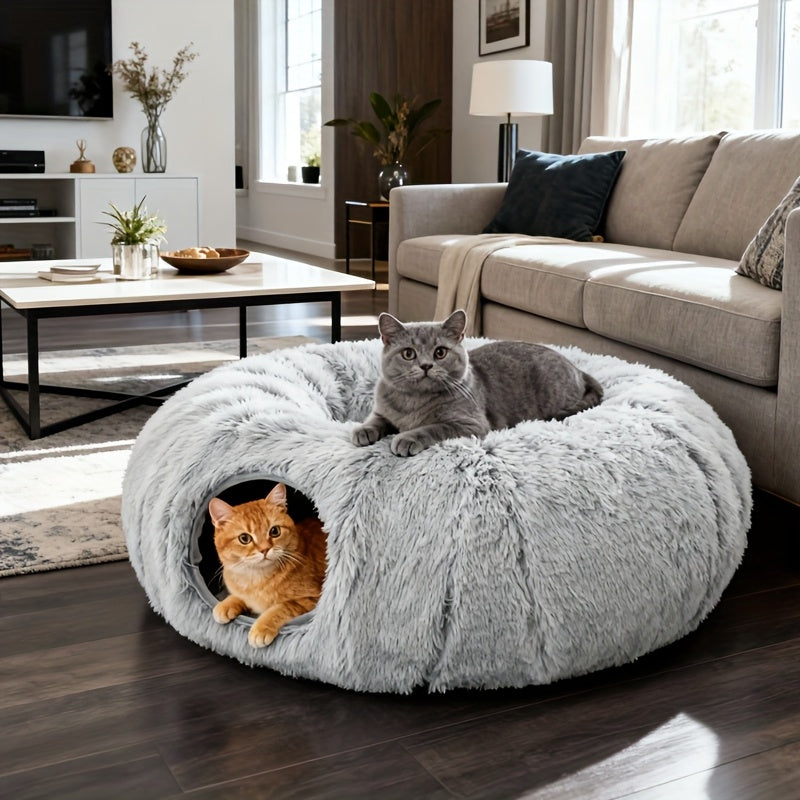 Plush 2in1 Cat Tunnel Bed | Winter Warm Donut-Style Cozy Nest with Enclosed Hideaway, Peekaboo Hole & Hanging Pom Pom Toy, Extra Thick Soft Pet Bed for Anxiety Relief and Deep Sleep, Non Slip Bottom, Perfect for Multi Cat Pla