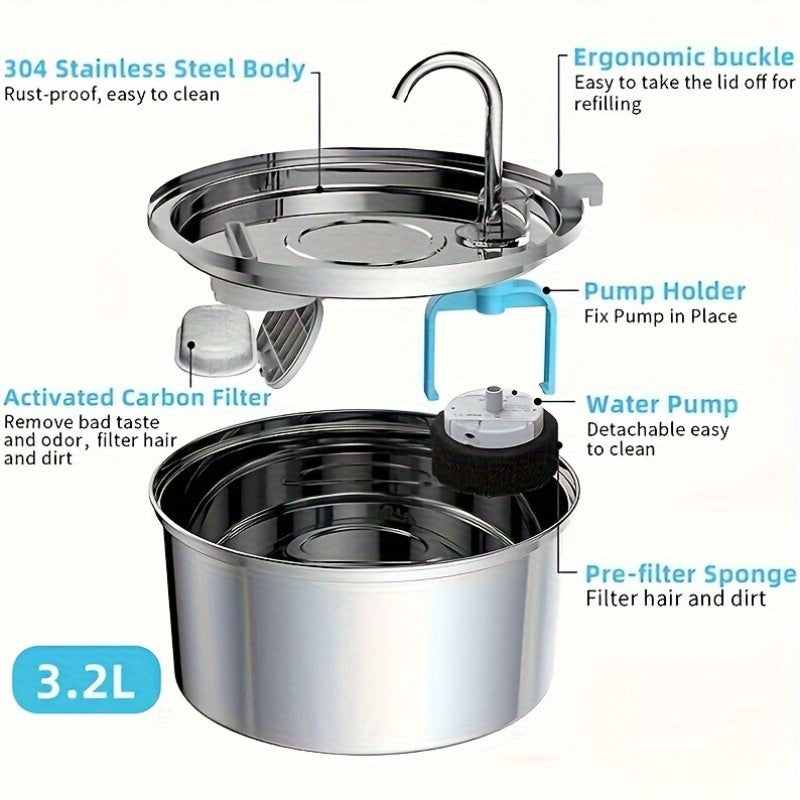 3.2L Cat Water Fountain, Stainless Steel Pet Drinking Fountain with USB Powered Faucet Dispenser, Low Voltage Automatic Water Feeder for Cats