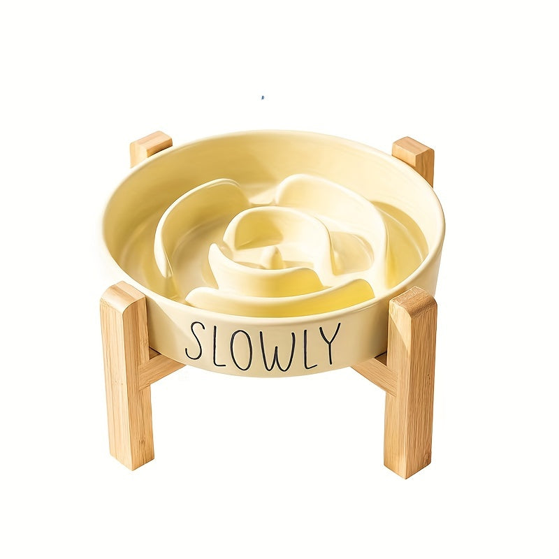 Elevated Cat Bowl, Ceramic Slow Feeder Cat Puzzle Food Bowl Water Bowl With Wooden Stand, Anti-choking Raised Dog Cat Basin To Slow Down Eating