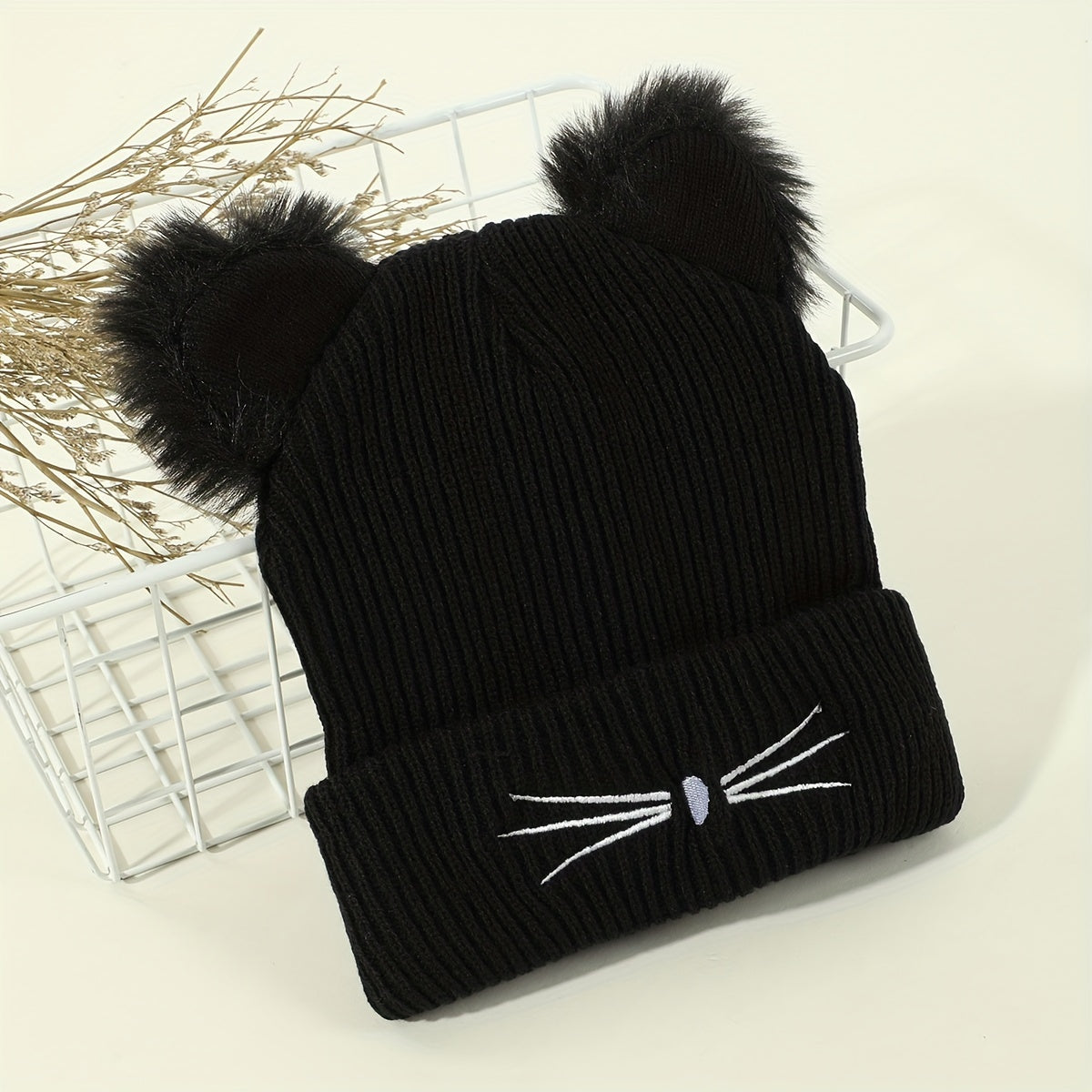 Cute Cat Beanie With Ears Trendy Solid Color Elastic Knit Hats Winter Warm Skull Cap Coldproof Beanies For Women