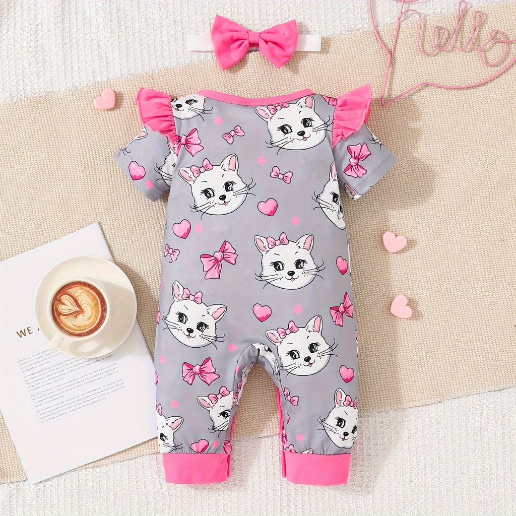 Newborn Baby Girls Cute Cartoon Cat Print Short-sleeved Comfortable Jumpsuit With Bow Headband Baby Summer Clothing