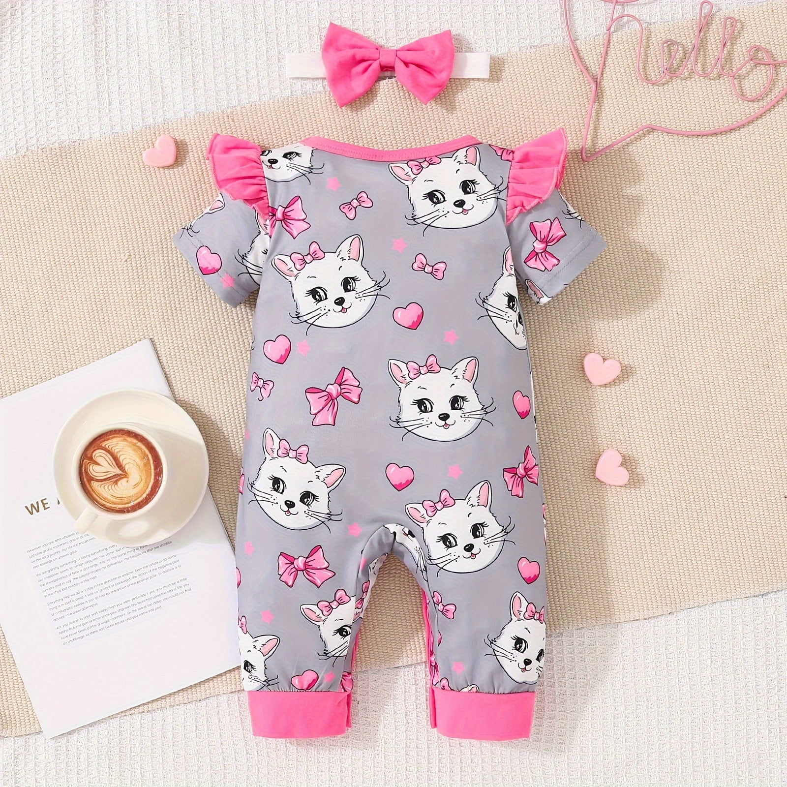 Newborn Baby Girls Cute Cartoon Cat Print Short-sleeved Comfortable Jumpsuit With Bow Headband Baby Summer Clothing