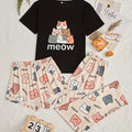 Cartoon Cat & Letter Print Pajama Set, Short Sleeve Crew Neck Top & Shorts & Pants, Women's Sleepwear & Loungewear