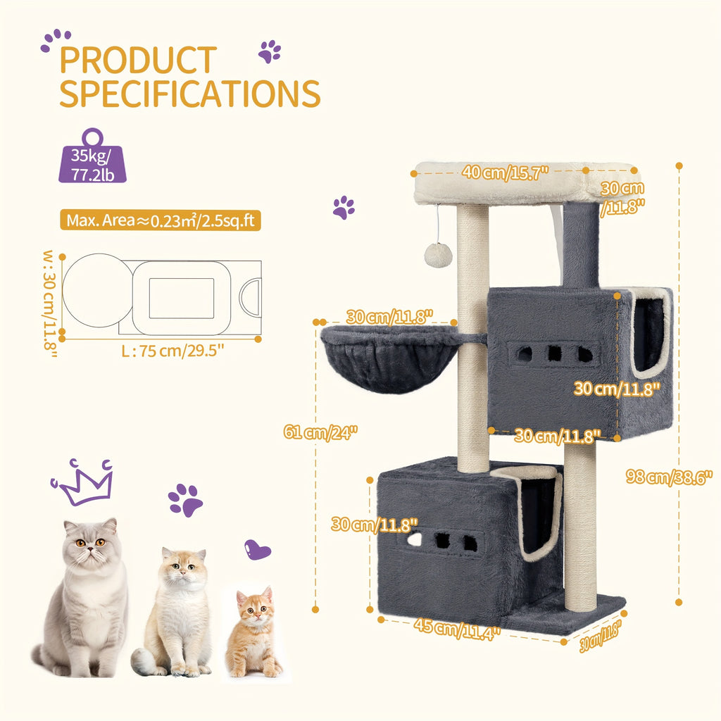 Hzuaneri 98cm Cat Scratching Post, Cat Tree, Kitten Scratching Post, Multi-layer Cat Scratching Post with Perches, Cat House Furniture with 2 Caves, Hemp Cat Scratching Post, Hammock, Cave, Dark Gray/Light Gray